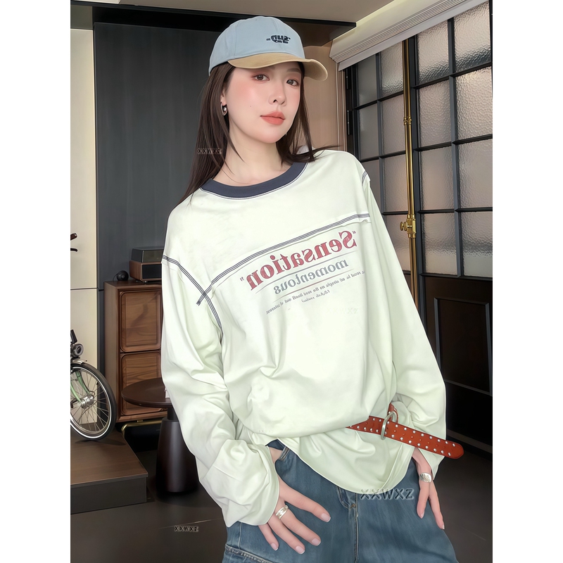 Korean Dongdaemun Summer Style Letter Print Trendy Niche Fashion Color-Blocking Unique Slimming Long-Sleeve T-Shirt