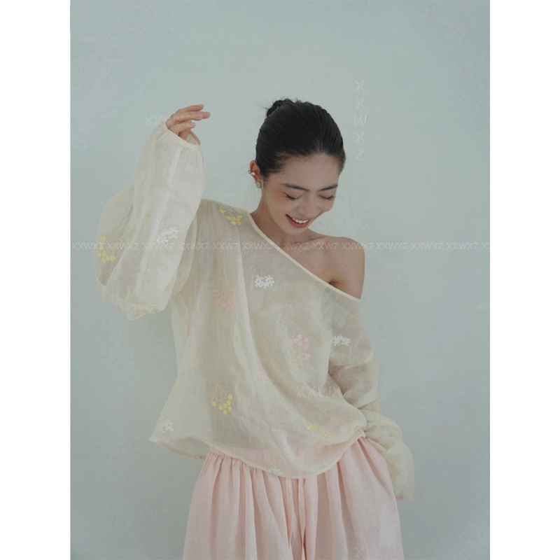 Korean Dongdaemun Summer New Casual Style Fashionable Versatile Long-Sleeve Solid Color Soft Pink Floral Shirt and Pants Set