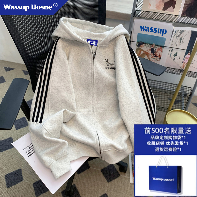 WASSUP 全国トレンドブランド 子犬 3本バー フード付き スウェットシャツ 男女兼用 2025年新作 ジッパー カーディガン 薄手 ジャケット