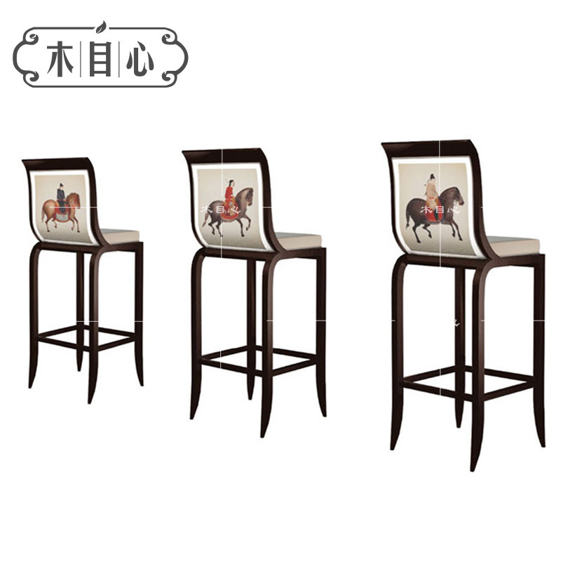 New Chinese style solid wood bar chair hotel front desk chair home high stool club model room bar chair custom furniture