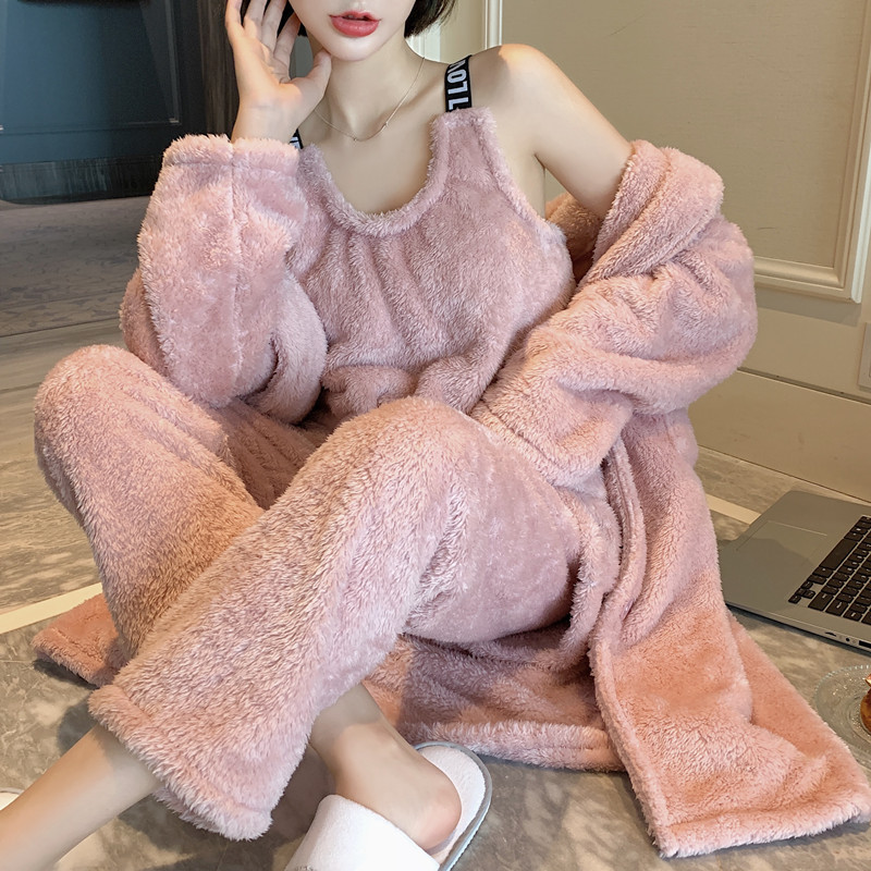 Coral Velvet Pajamas for Women, Winter 2026 New Style, Sexy Bathrobe, Plush Nightgown, Thickened and Fleece-Lined Three-Piece Set for Autumn