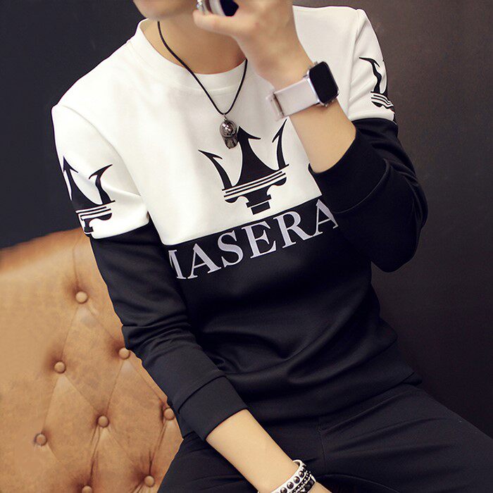 2020 spring sweater men's round neck long-sleeved pure cotton youth trend warm men's top printed shirt men's bottoming shirt