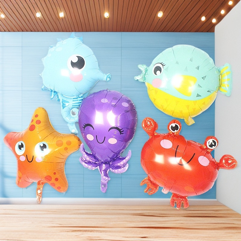 Q-Version Cute Marine Animals: Crab, Starfish, Octopus, Seahorse, Pufferfish, Children's Birthday Background Decoration Aluminum Foil Balloons