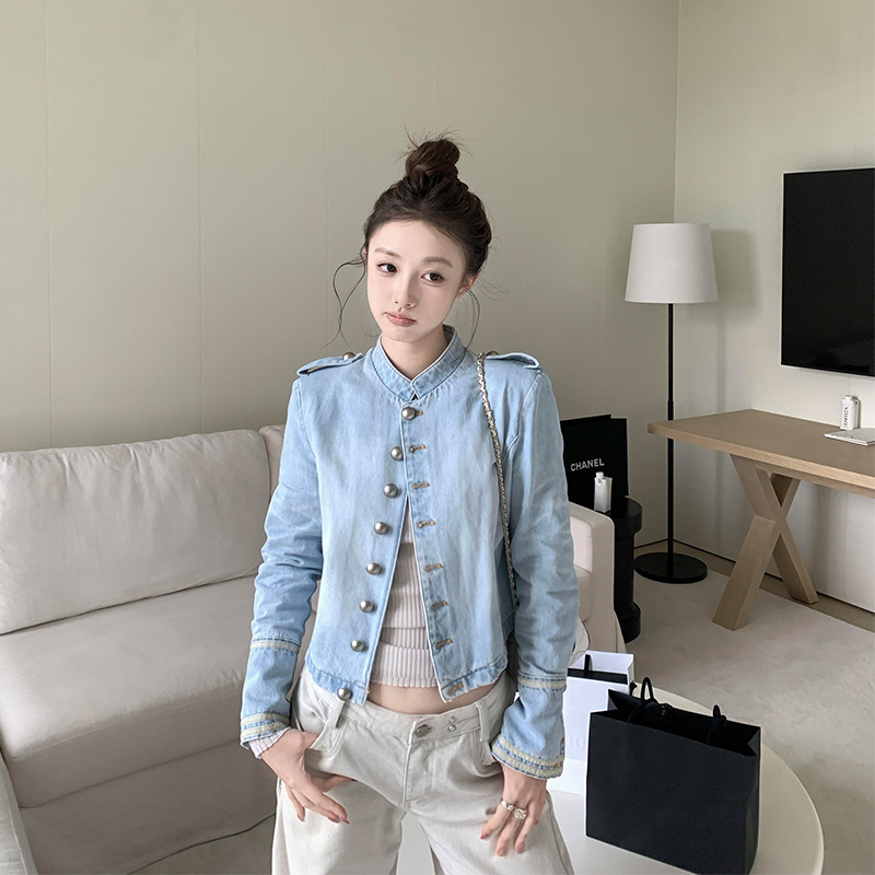 Autumn Retro Korean Workwear Style Short Straight Shoulder Denim Jacket for Women, Early Autumn New Design Top