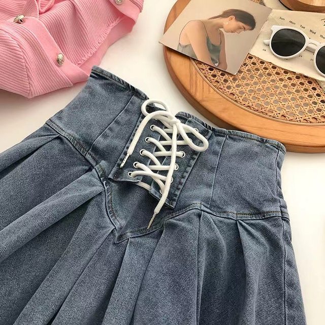 ເດັກຍິງ denim skirt ເດັກນ້ອຍແມ່ຍິງຮ້ອນ elastic elastic waist pleated skirt ເດັກນ້ອຍ anti-exposure tutu skirt