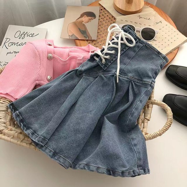 ເດັກຍິງ denim skirt ເດັກນ້ອຍແມ່ຍິງຮ້ອນ elastic elastic waist pleated skirt ເດັກນ້ອຍ anti-exposure tutu skirt