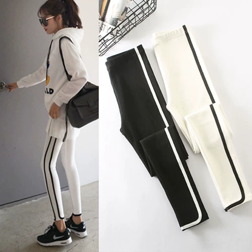 Mùa thu dày màu trắng quần legging thể thao phụ nữ không mặc cộng với sọc dọc nhung bó sát quần cotton bó chân