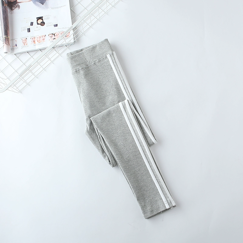 Quần legging cotton thể thao sọc dọc nhung mặc mùa thu đông mùa đông bó sát thanh mảnh màu trắng bên chân quần