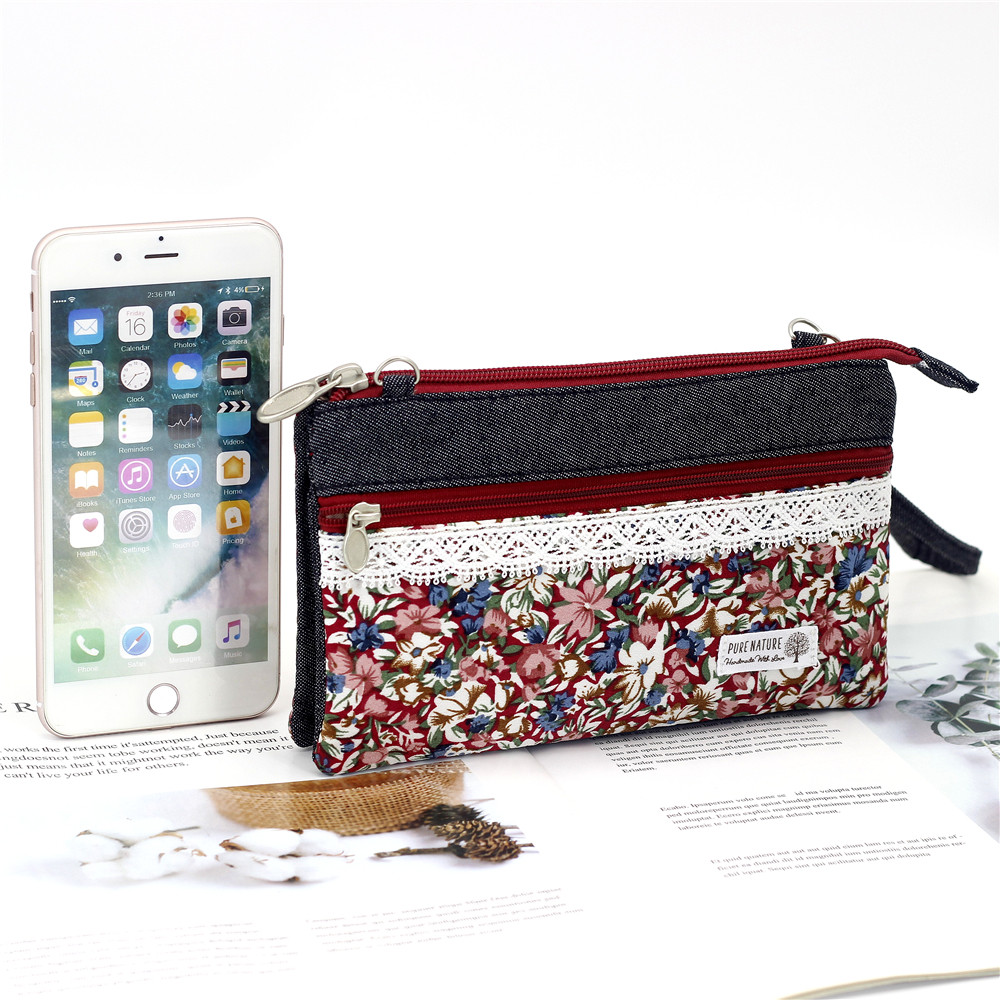 Fields Garden Canvas Small Crummy Flowers Cross Sloping Satchel Satchel Women Cloth Art Big Screen Phone Bag Zero Wallet Lady Multiple Layers Hand Carrying Bag