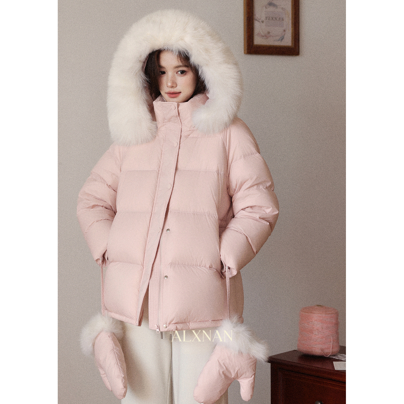 Lu Xiangnan "Winter Plum Blossom" Pink 90 White Duck down Jacket Women's Winter Long Hooded Warm Coat