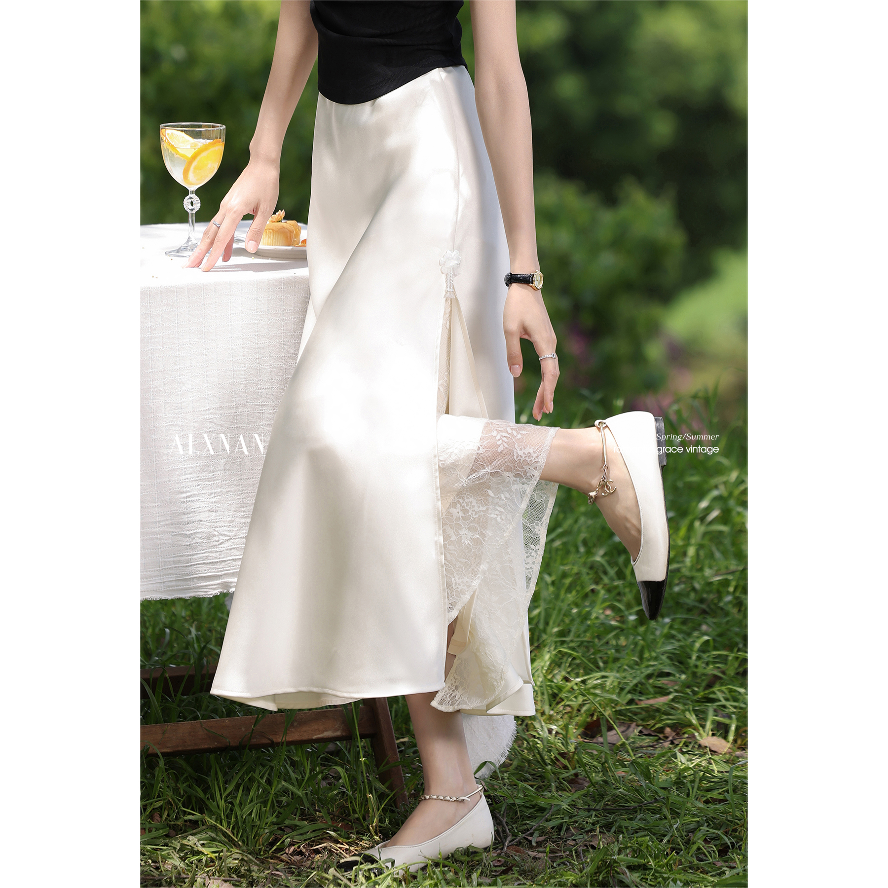 陸香南「月光染め夏」アプリコットフレンチスカートレディースサマーサテンスカートロングスカート気質月光スカート