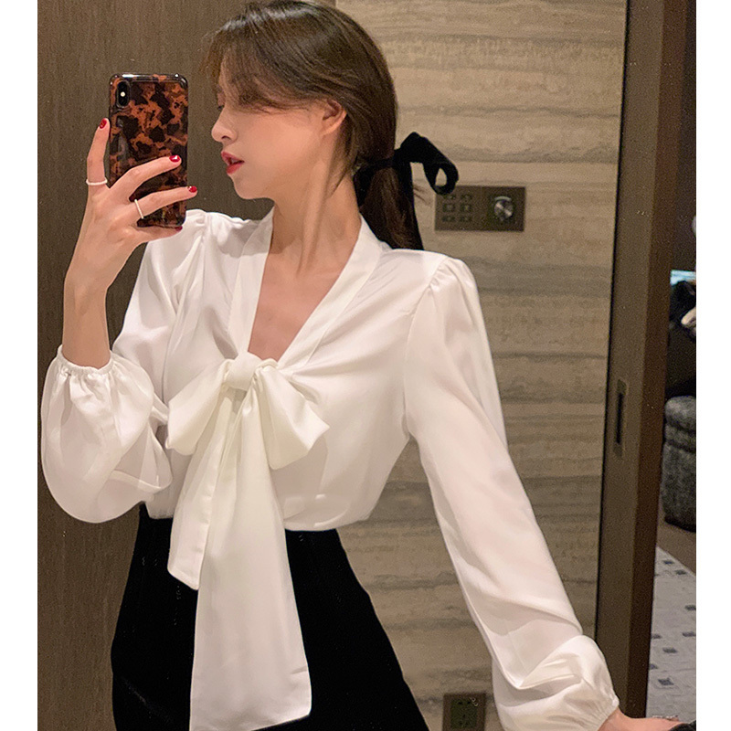 Clearance Bargain~ High-End Brand Chiffon White Shirt for Women with Tie, Spring Long-Sleeve Bowknot Elegant Blouse