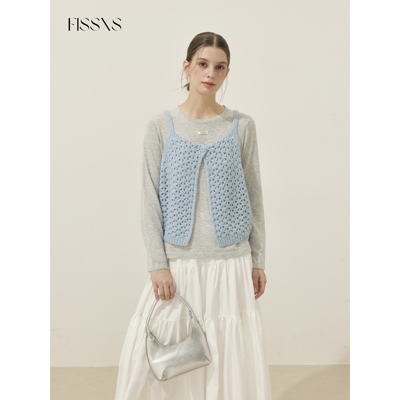 Fissxs Autumn Blue Camisole Layered Knitted Vest Sweater Top for Women Fissxs Autumn Blue Camisole Layered Knitted Vest Sweater Top for Women