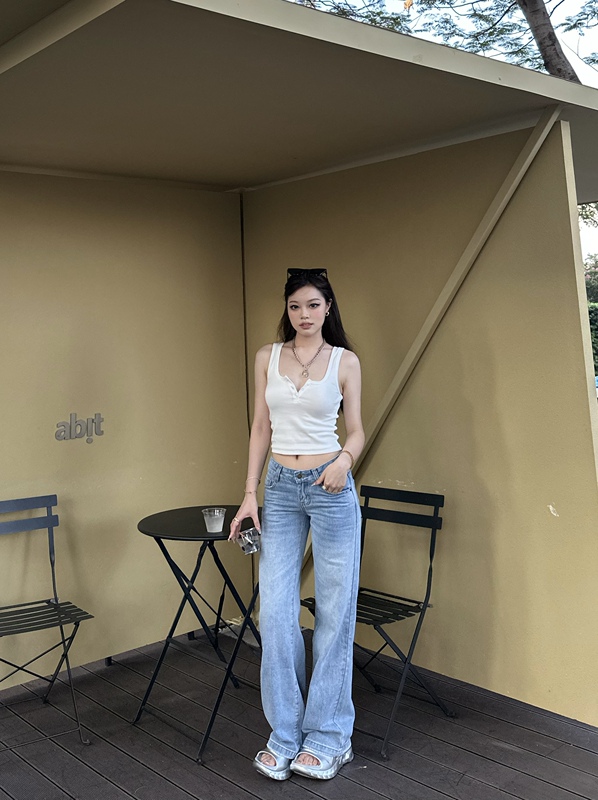 Original Popchee｜Ice Blue American Style｜Summer Refreshing Color～The King of Covering Flaws! Low-Waisted Wide-Leg Jeans