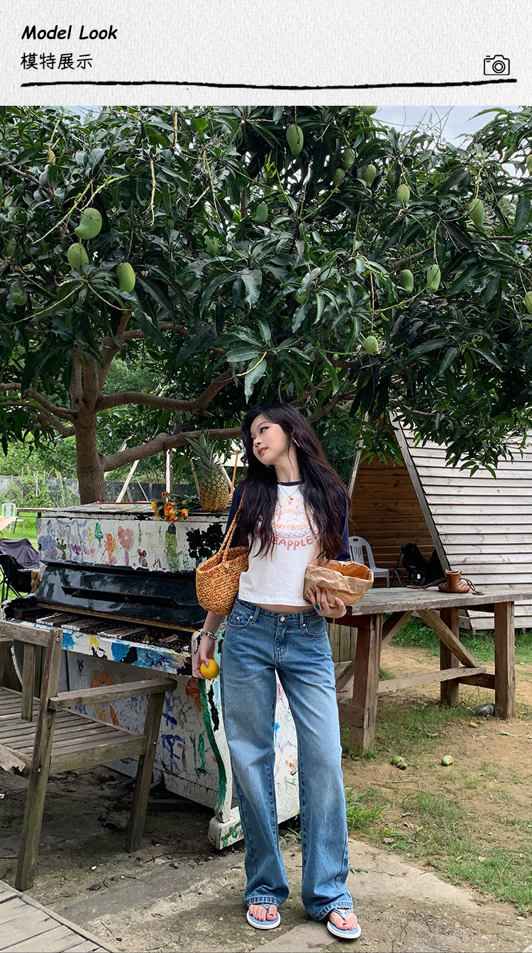 popchee｜Белый нефритовый кошачий глаз｜Голубые широкие джинсы летний бриз - нежные и очень удобные