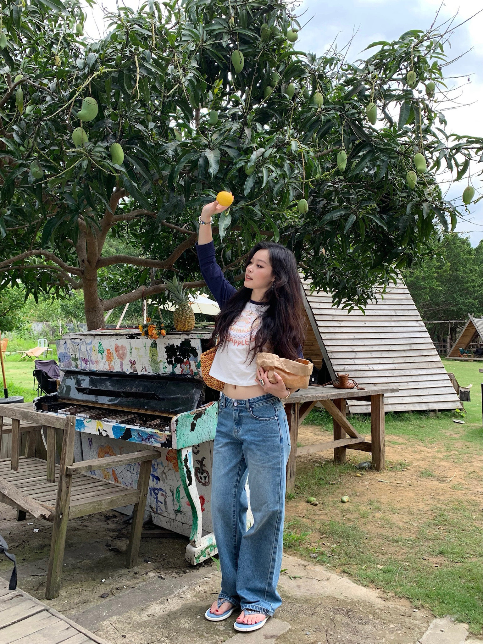 popchee｜Белый нефритовый кошачий глаз｜Голубые широкие джинсы летний бриз - нежные и очень удобные