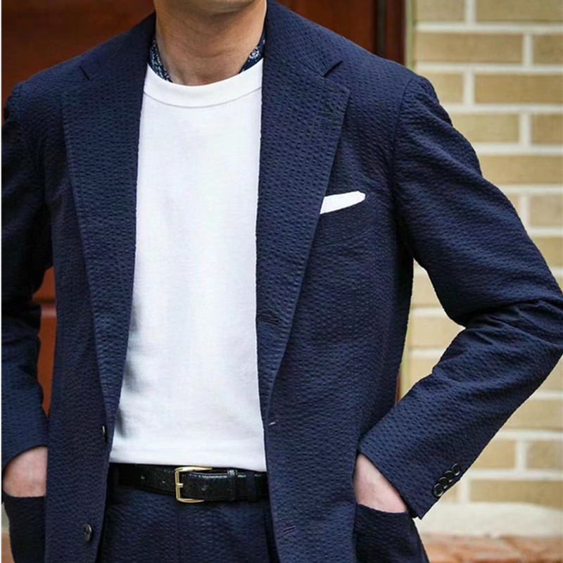 Summer Trendy Men's Fashion Navy Blue Bubble Gauze Slim-Fit Casual Suit Blazer Pure Cotton Half-Zip Suit Jacket