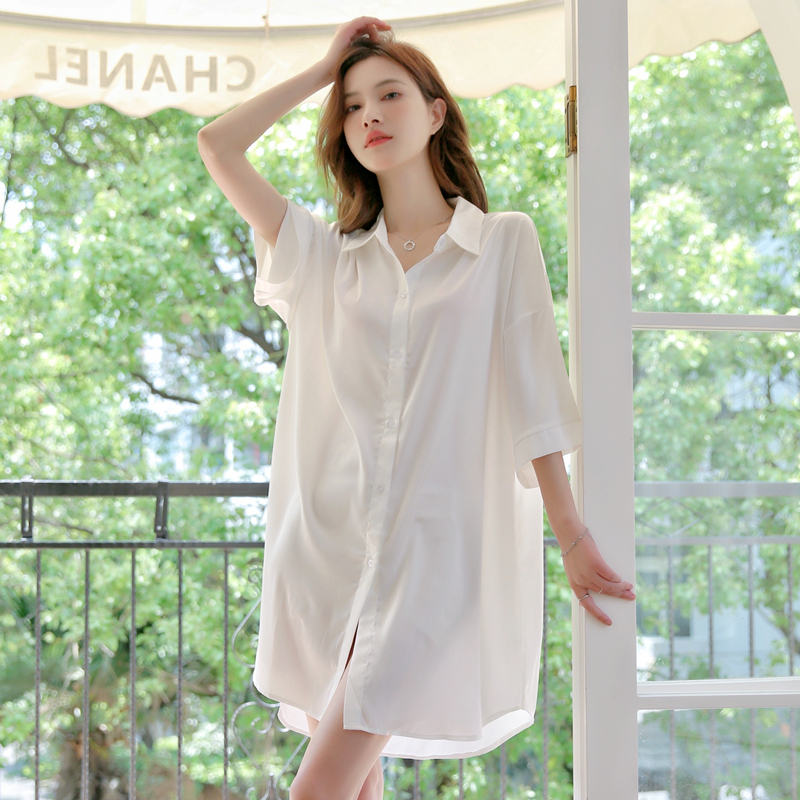 Silk Mood-Enhancing Shirt, Short-Sleeve Boyfriend-Style Shirt for Women, Summer Loose Plus-Size Sexy White Nightgown Dress Silk Mood-Enhancing Shirt, Short-Sleeve Boyfriend-Style Shirt for Women, Summer Loose Plus-Size Sexy White Nightgown Dress