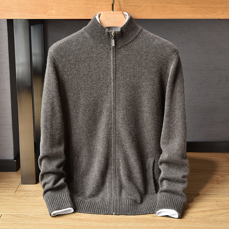 100% Pure Cashmere Knit Sweater Jacket for Men, Stand Collar, Thickened Zipper Cardigan, Solid Color, Business Warm Sweater Jacket