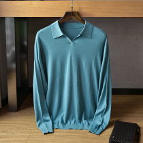 2021 Spring Summer 100% Wool Knitted Mens Buckless Lapel Solid Color Slim base shirt Long Sleeve Pullover Sweater