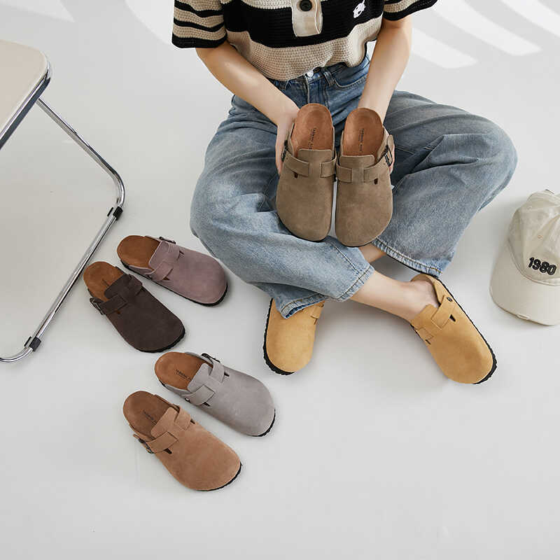 Australian Tasman Aus Spring and Summer Closed-Toe Birkenstock-Style Slippers for Women, Made of Suede Leather with Adjustable Buckle, Comfortable and Versatile