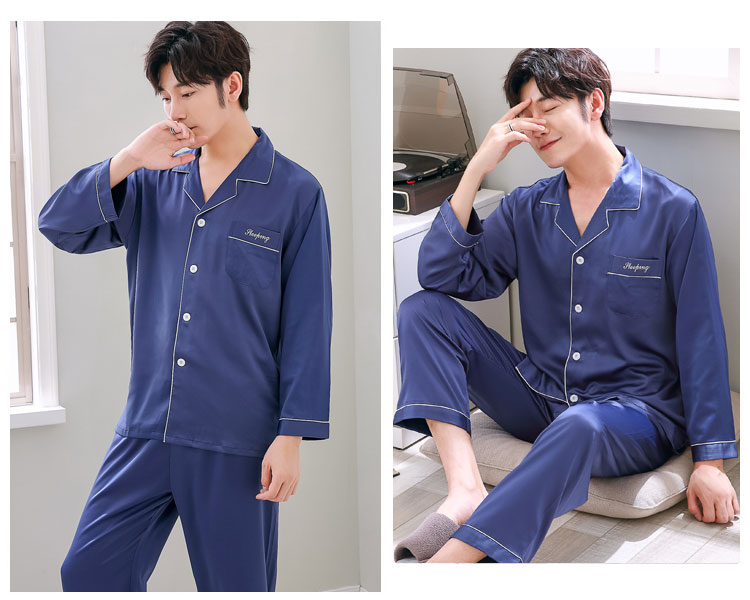 Bộ đồ ngủ nam lụa tơ tằm mùa xuân và mùa hè quần ngủ nam dài
