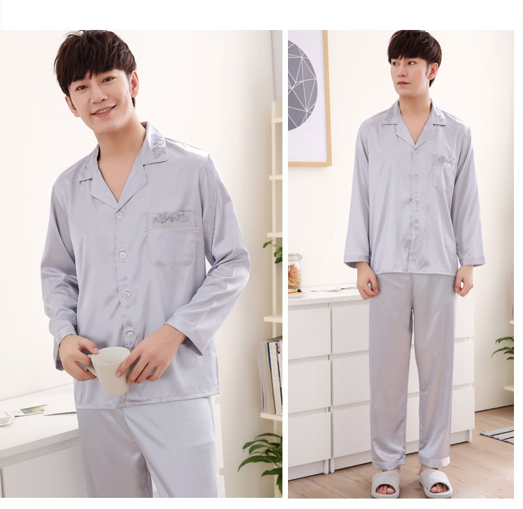Bộ đồ ngủ nam lụa tơ tằm mùa xuân và mùa hè quần ngủ nam dài