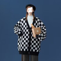 Checkerboard design knitted cardigan womens new autumn and winter loose large size coat sweater lazy style v-neck