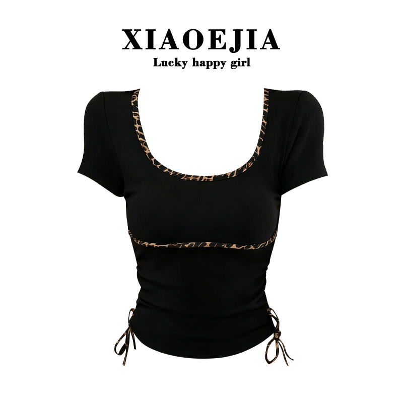 Xiaoejia California Little Leopard 2026 Spring/Summer New Women's American Style Hot Girl U-Neck Leopard Print Patchwork T-Shirt Xiaoejia California Little Leopard 2026 Spring/Summer New Women's American Style Hot Girl U-Neck Leopard Print Patchwork T-Shirt