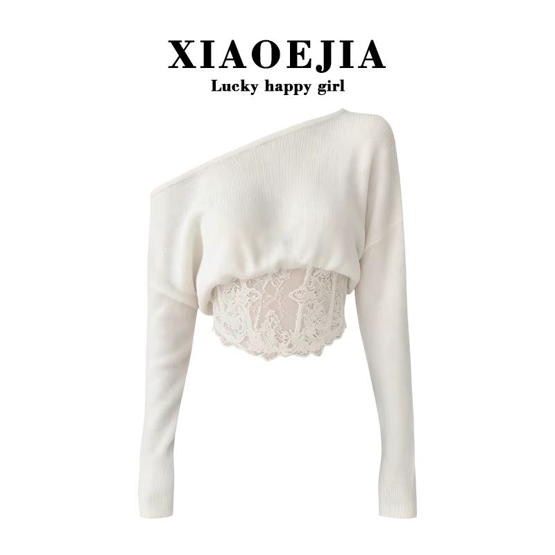 Xiaoejia【Fluffy Angled Waist】Lace Trim Spliced Fishbone Waist-Cinching + Asymmetrical Shoulder Sweater for Women Xiaoejia【Fluffy Angled Waist】Lace Trim Spliced Fishbone Waist-Cinching + Asymmetrical Shoulder Sweater for Women