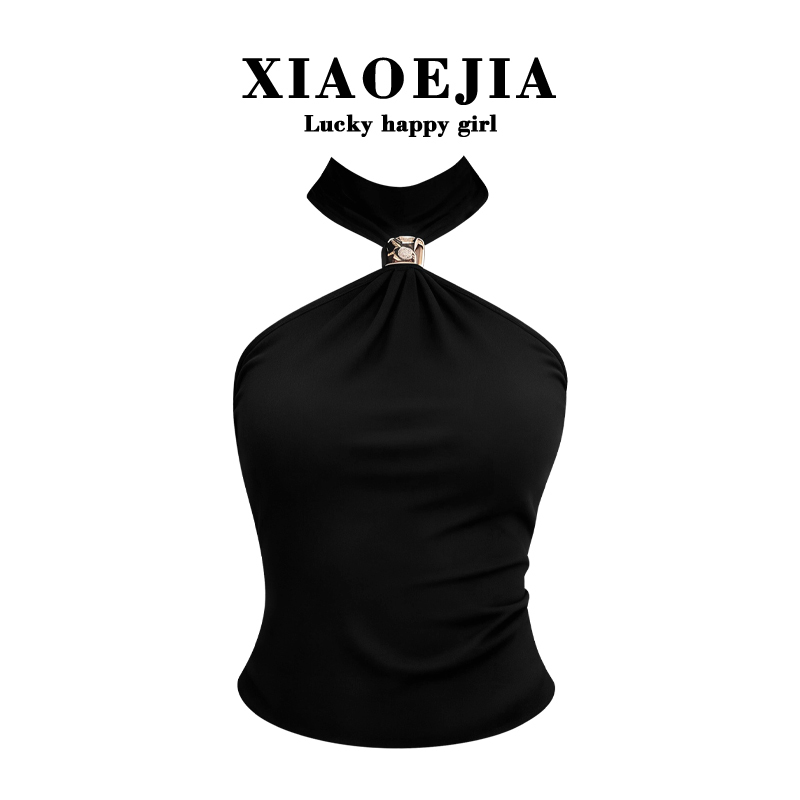 Xiaoej26 New Summer Style Black Halter Neck Sleeveless Vest for Women Summer Sexy Slim Fit Hot Girl Metal Buckle Top
