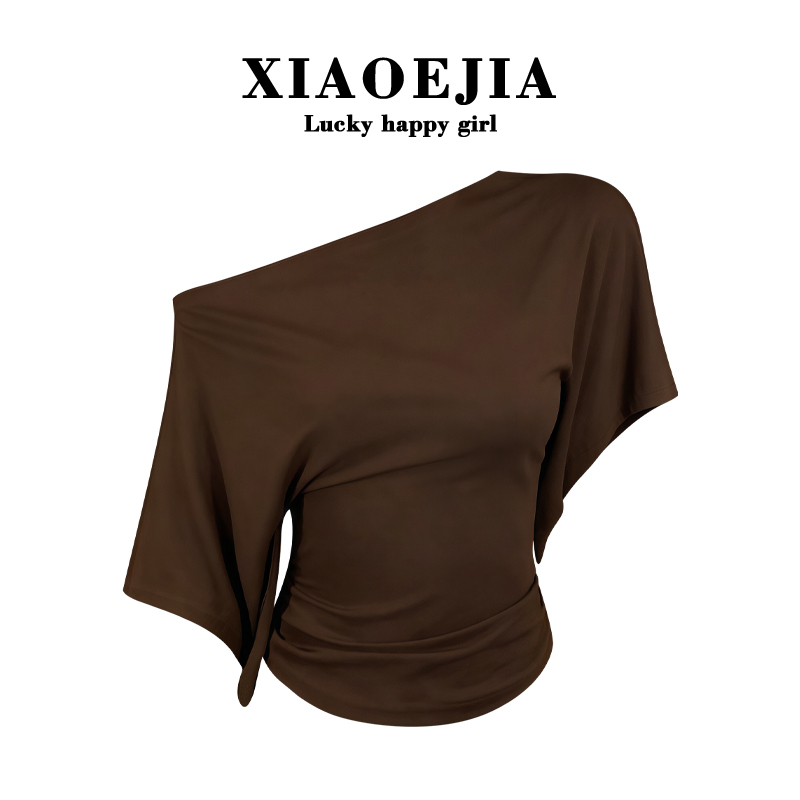 Xiaoejia Off-Shoulder Convertible Batwing Sleeve T-Shirt for Women, New Summer Slim-Fit Design One-Shoulder Top Xiaoejia Off-Shoulder Convertible Batwing Sleeve T-Shirt for Women, New Summer Slim-Fit Design One-Shoulder Top