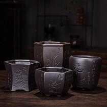 Hexagonal flower pot ceramic orchid flower pot creative large diameter flower pot high barrel vase simple green potted potted pot