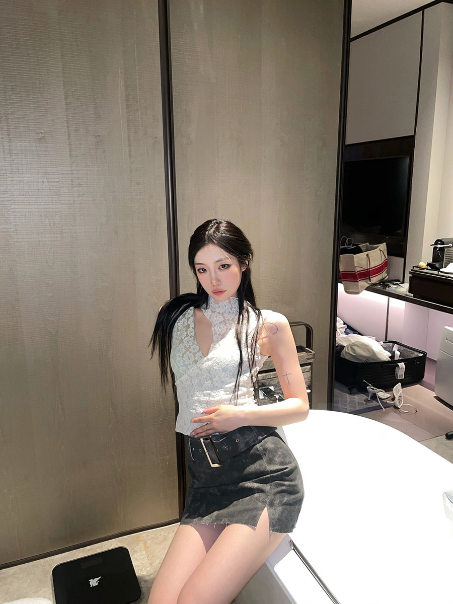 (La lune Du Ciel)LLDC Black gray high waist tie-dye old denim short skirt Female a-line short skirt