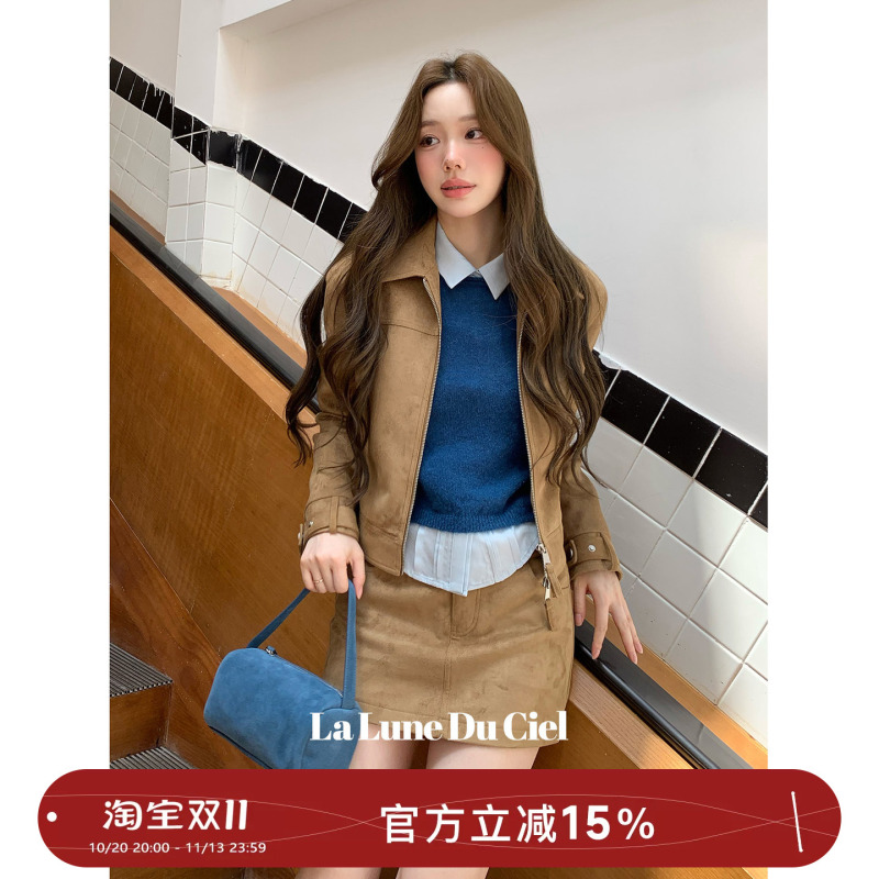 【Laluneduciel】Wiselady Retro Lapel Suede Patchwork Jacket Women's Loose Short Outwear