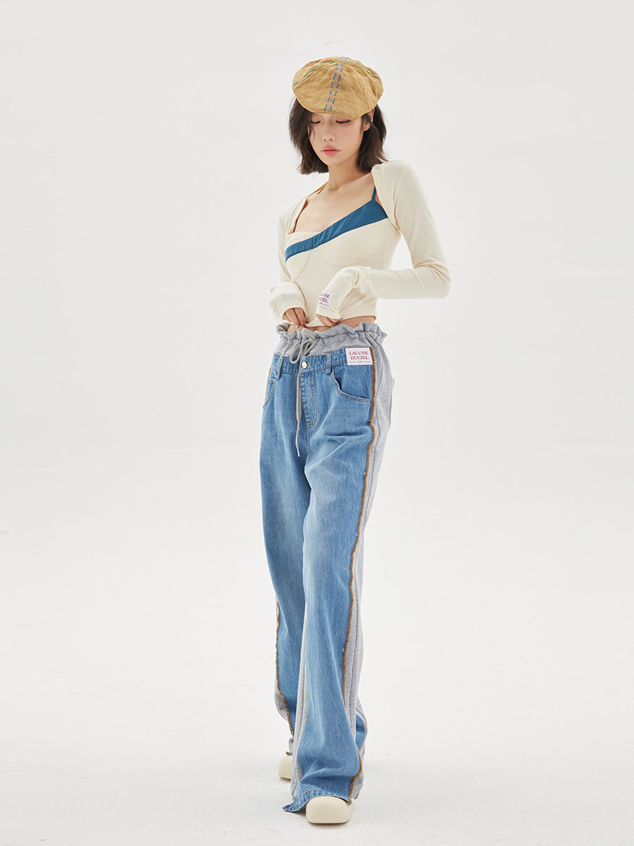 (LaluneDuCiel)LLDC design sense stitching contrast color lace loose jeans women's straight casual pants