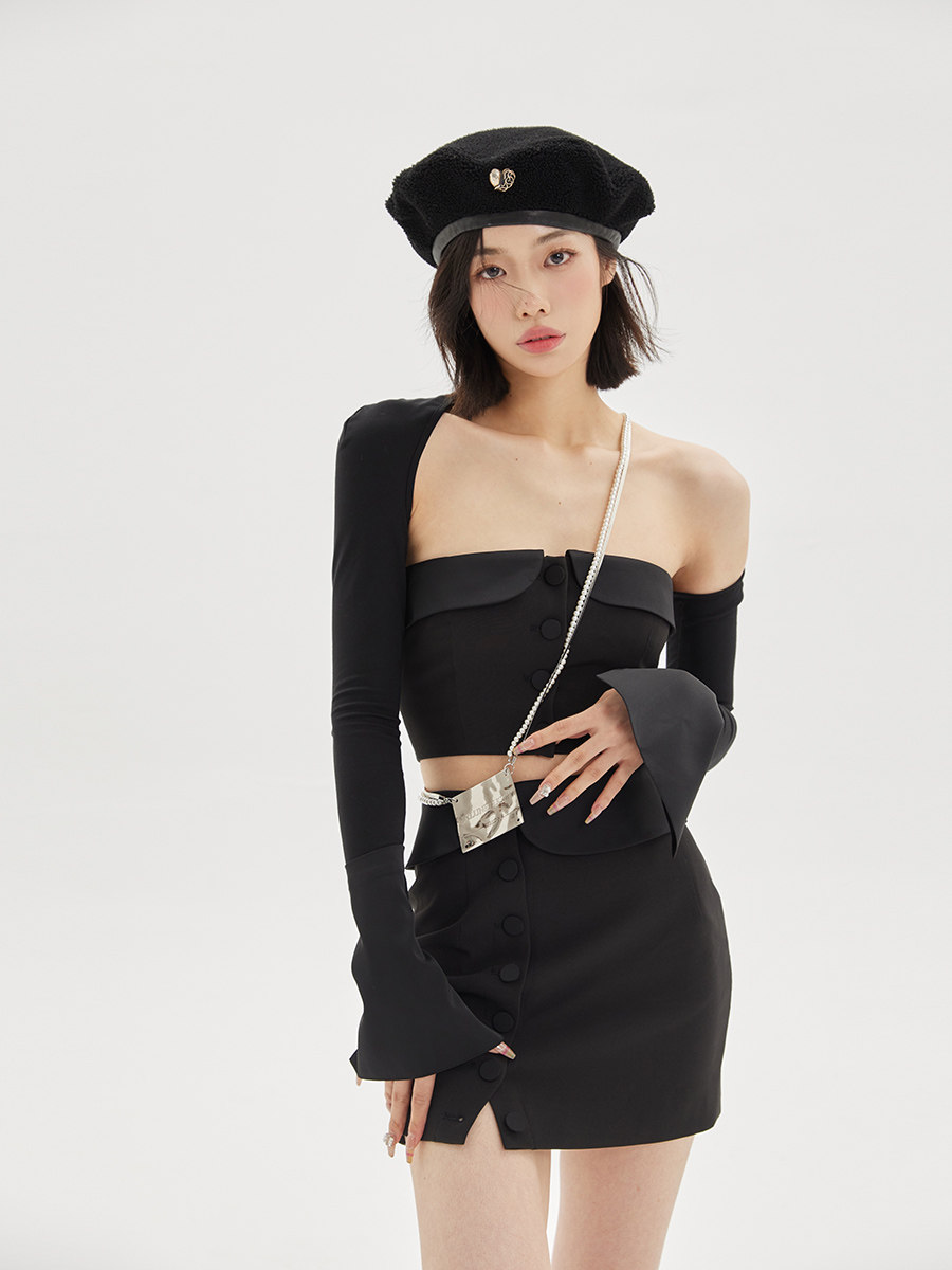 (LaluneDuCiel) LLDC short Dew Waist Smear High Waist Short Skirt Shawl Sleeve Hot Girl Suit Woman