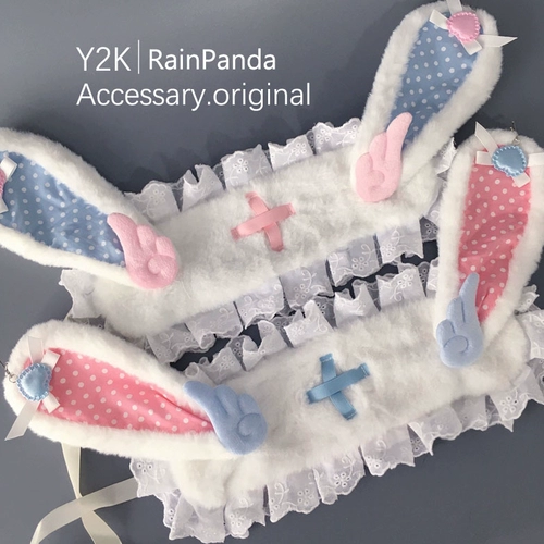 Азиатская культурная болезнь крест -ангал крыла плюшевые варки для ушей кролика с медицинскими головными девочками y2k девушки кружево синий
