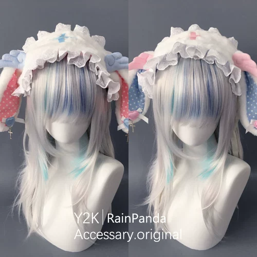 Азиатская культурная болезнь крест -ангал крыла плюшевые варки для ушей кролика с медицинскими головными девочками y2k девушки кружево синий