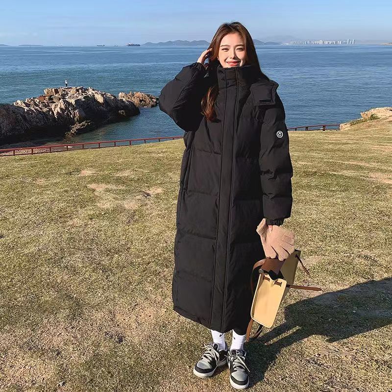 College Style down Jacket for Women, Winter Cotton Coat, Black Fashionable Popular Long Over-The-Knee Coat, Chinese Style Padded Jacket, Off-Season