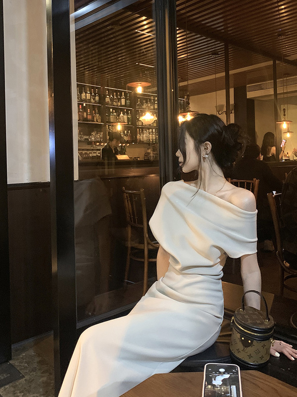 Enerqe Ding Custom Fabric, Asymmetrical Shoulder, Irregular Neckline, Waist-Cinching, Pleated Design Dress for Women, Spring