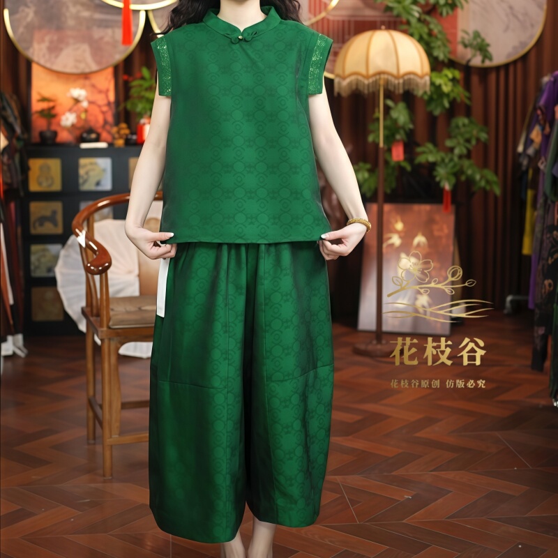 Gentle and Endless (Green) Jacquard Old-Fashioned Stand Collar Short-Sleeve Top and Skirt Pants Two-Piece Set Gentle and Endless (Green) Jacquard Old-Fashioned Stand Collar Short-Sleeve Top and Skirt Pants Two-Piece Set