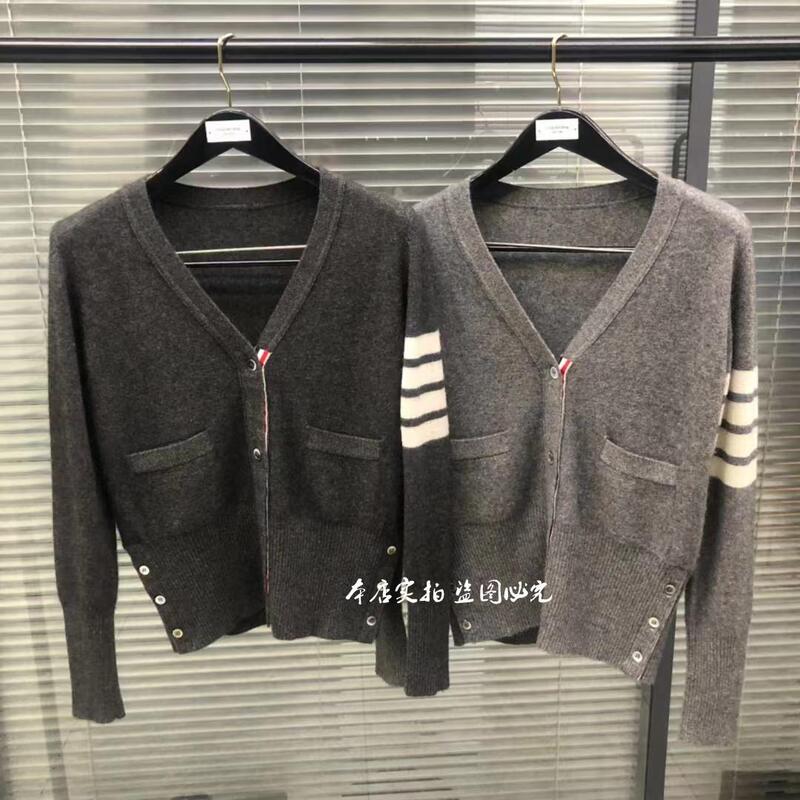 2025 Autumn and Winter New Tb Cardigan for Men and Women, Classic Four-Bar V-Neck Cashmere Knitwear, Long-Sleeved Sweater Jacket