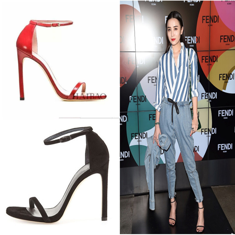 2025 Song Jia and Yang Mi Celebrity Style High-Heeled Stiletto Sandals with Ankle Strap, Open Toe, Sexy and Popular Genuine Leather Women's Shoes