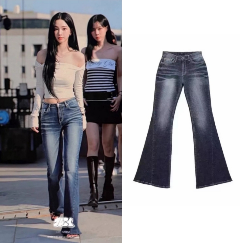 Korean Genuine Synerjyn Yoo Ji-Min Rei Naoi Rei Same Style Washed Slim Low-Waist Flared Jeans