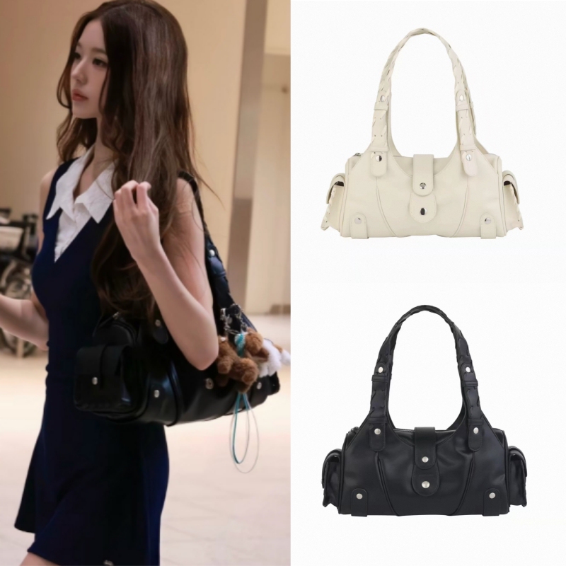 Korean Genuine Lotsyou Shoulder Bag, Same Style as Jang Won-Young, Studded Side Pocket Biker Bag, Sweet and Cool Style Underarm Bag