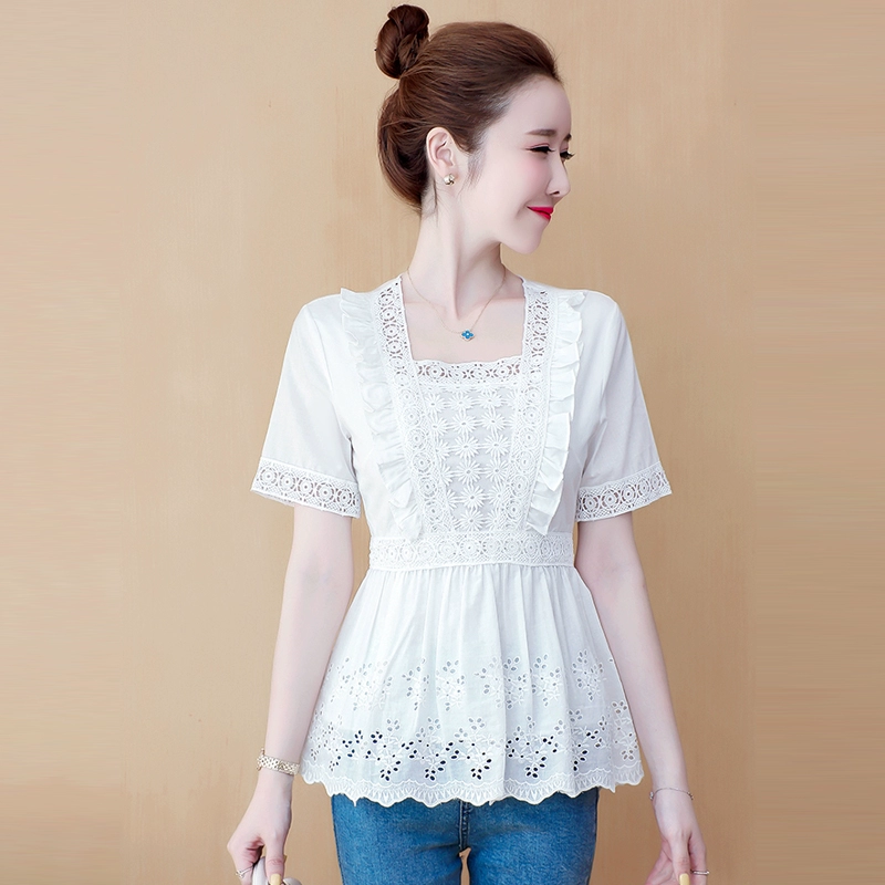 Áo sơ mi voan trắng nữ váy hè 2021 mới bụng eo sơ mi nhỏ tay ngắn eo ren hàn quốc - Áo sơ mi chiffon ren