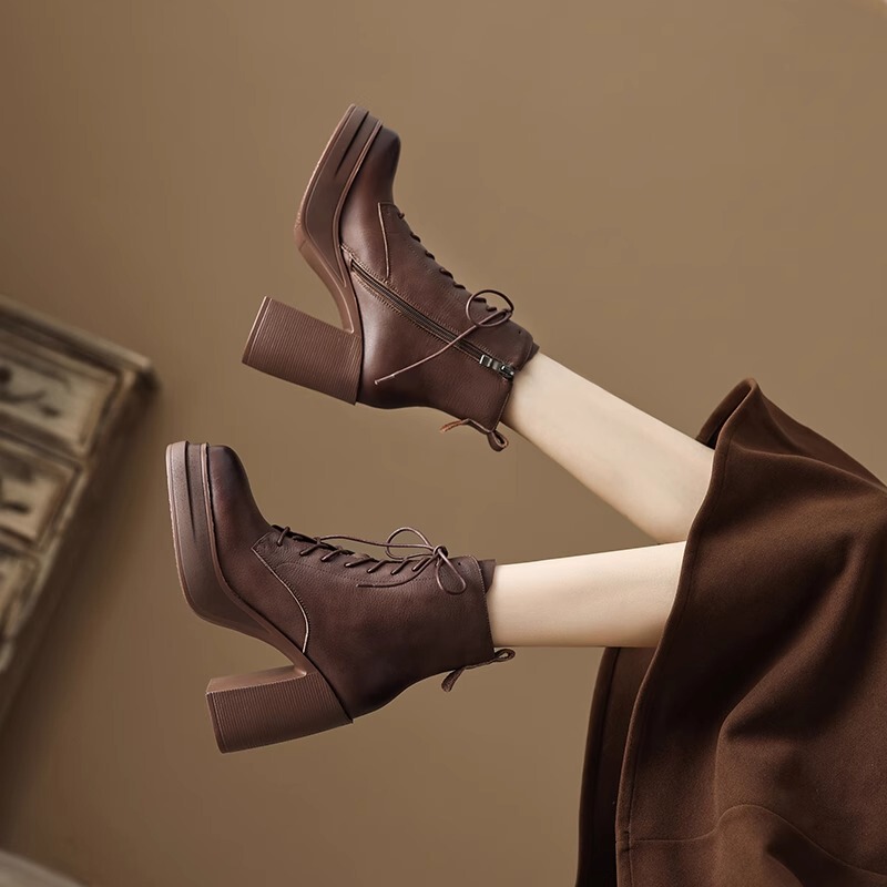 Super High-Heeled Martin Boots for Women, British Style, Thick-Soled, Chunky-Heeled Short Boots, Waterproof Platform, Lace-Up, Retro Brown, Elegant Short Boots