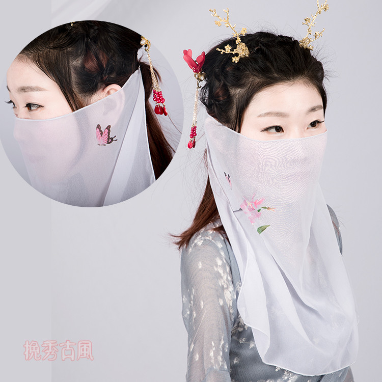 Banxiu ancient style printed veil magnolia flower butterfly magnolia white face covering fairy elegant Han clothing accessories sun protection snow