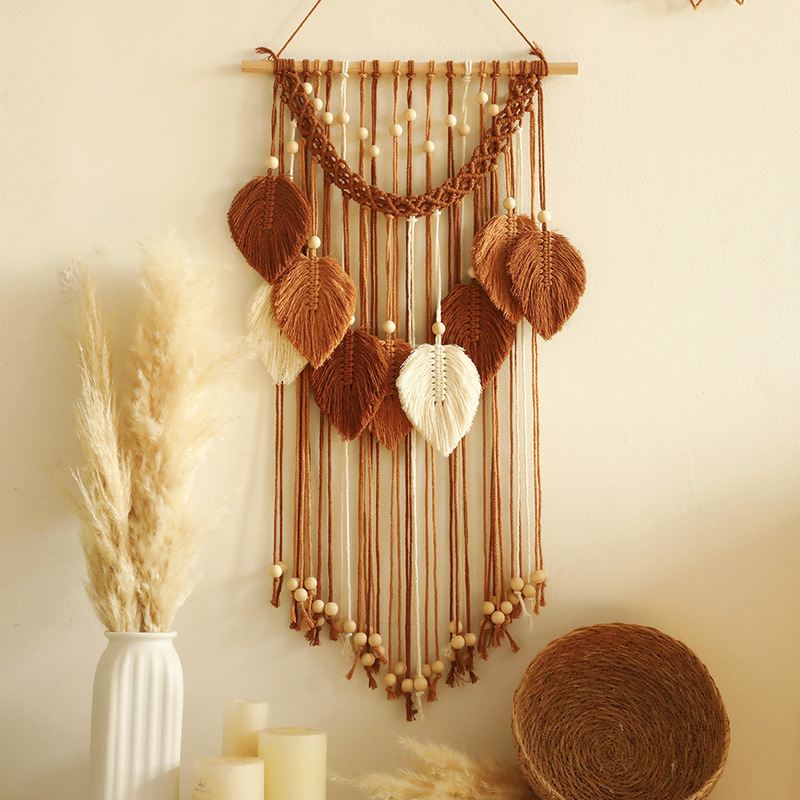 Scandinavian Style Hand-Woven Tassel Leaf Tapestry ins Style B&B Hotel Living Room Bedroom Bedside Decoration Pendant Scandinavian Style Hand-Woven Tassel Leaf Tapestry ins Style B&B Hotel Living Room Bedroom Bedside Decoration Pendant